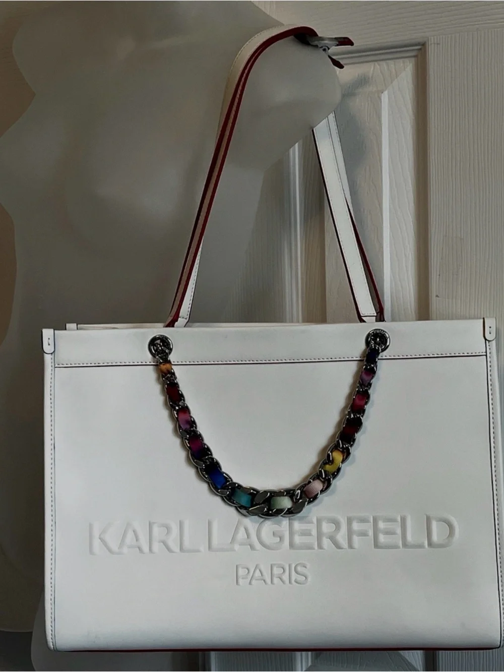 Karl Lagerfeld Large White Leather Carry-All Tote Laptop Purse Bag Rainbow Chain